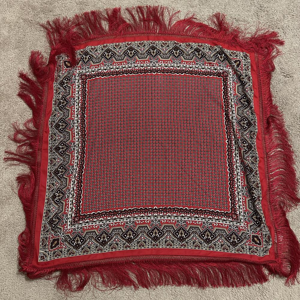 H&M Scarf Womens One Size Red Polyester Satin Geometric Print Fringe Square